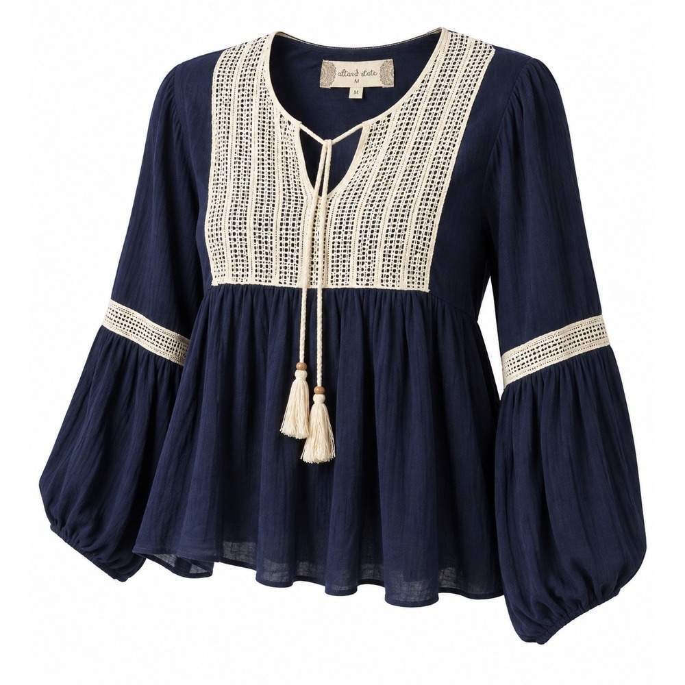 Altar'd State Blouse Women M Navy Crochet Bell Sleeve Tassel Boho Peasant‎ NWT